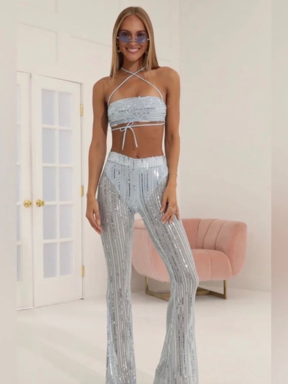 Lucy in the Sky Shimmering Silver Sequin Striped Two Piece
